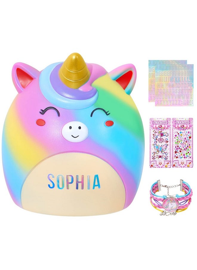 Piggy Bank Girls Unicorn Piggy Banks Cute Unbreakable Resin Coin Money Bank with Stickers Bracelet Set for Kids Toddlers, Rainbow