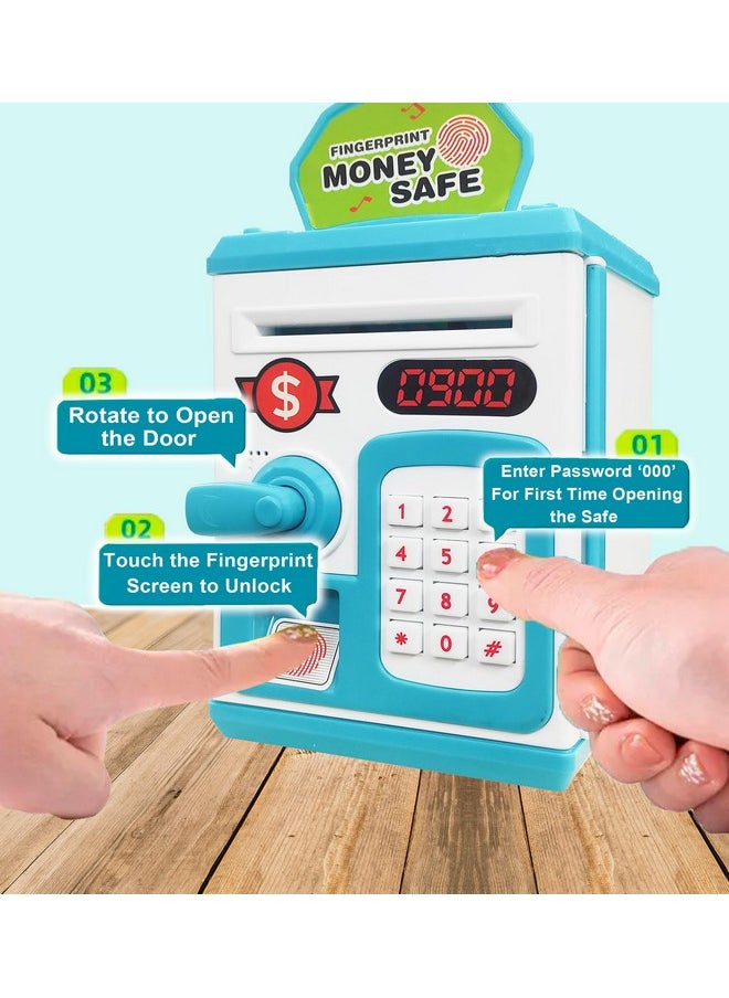 VGRASSP Money Safe Piggy Bank (The Gullak) Toy for Kids and Adults with 3 Step Unlock - Feed Number Password Touch Finger Sensor Then Twist Handle to Open The Door (Blue - White)