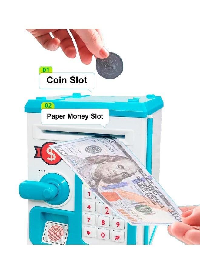 VGRASSP Money Safe Piggy Bank (The Gullak) Toy for Kids and Adults with 3 Step Unlock - Feed Number Password Touch Finger Sensor Then Twist Handle to Open The Door (Blue - White)