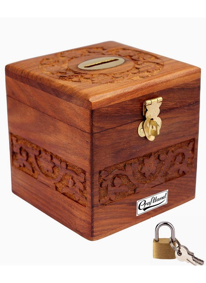 Craftland Wooden Money/Piggy Bank, Money Box, Coin Box with Carved Design for Kids/Children. with Lock