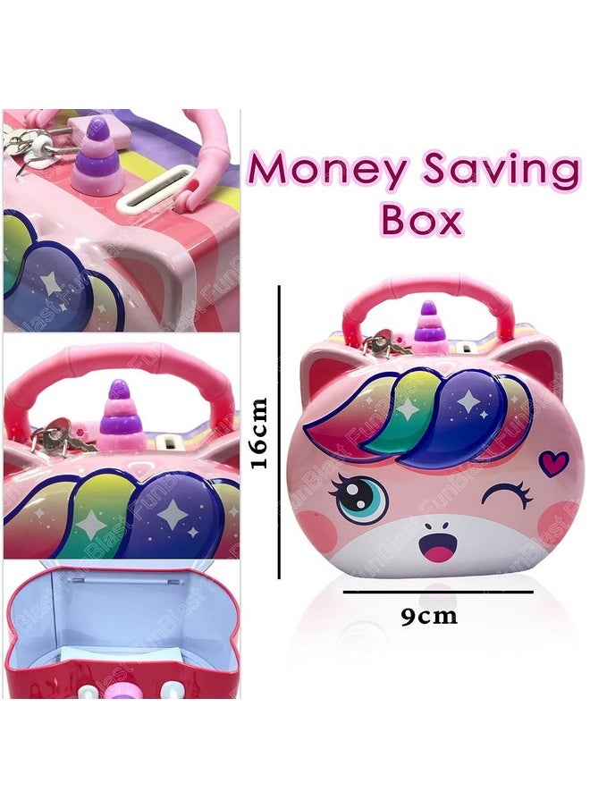 FunBlast Piggy Bank for Kids - Unicorn Themed Money Saving Tin Coin Bank with Lock and Key - Birthday Return for Boys & Girls, Money Bank, Coin Box for Kid, Metal Coin Box (Unicorn Coin Box)