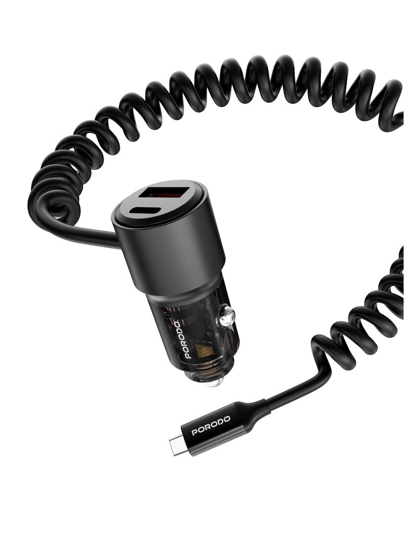 110W Car Charger Transparent with 1.5M Spring Coiled Type-C Cable / Universal Compatibility / USB-A and USB-C Ports / Simultaneous Charging - Black