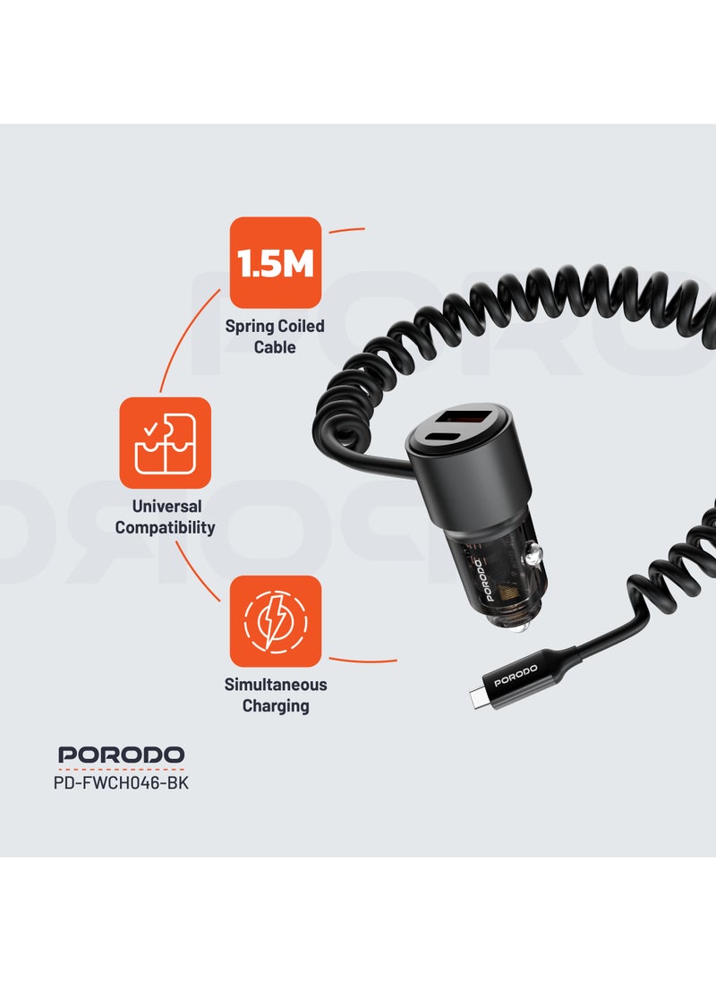 110W Car Charger Transparent with 1.5M Spring Coiled Type-C Cable / Universal Compatibility / USB-A and USB-C Ports / Simultaneous Charging - Black