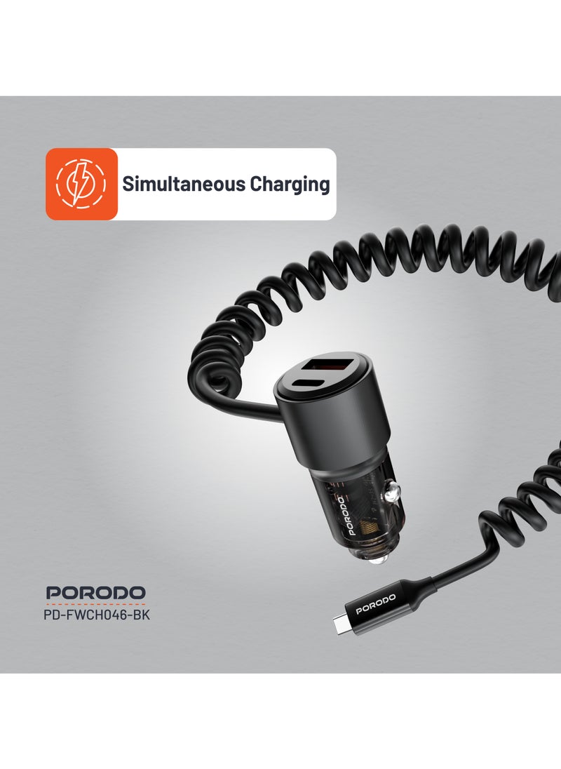 110W Car Charger Transparent with 1.5M Spring Coiled Type-C Cable / Universal Compatibility / USB-A and USB-C Ports / Simultaneous Charging - Black