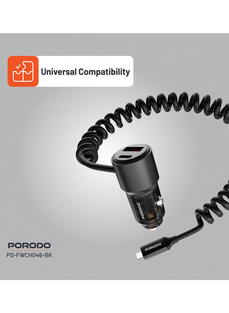 110W Car Charger Transparent with 1.5M Spring Coiled Type-C Cable / Universal Compatibility / USB-A and USB-C Ports / Simultaneous Charging - Black