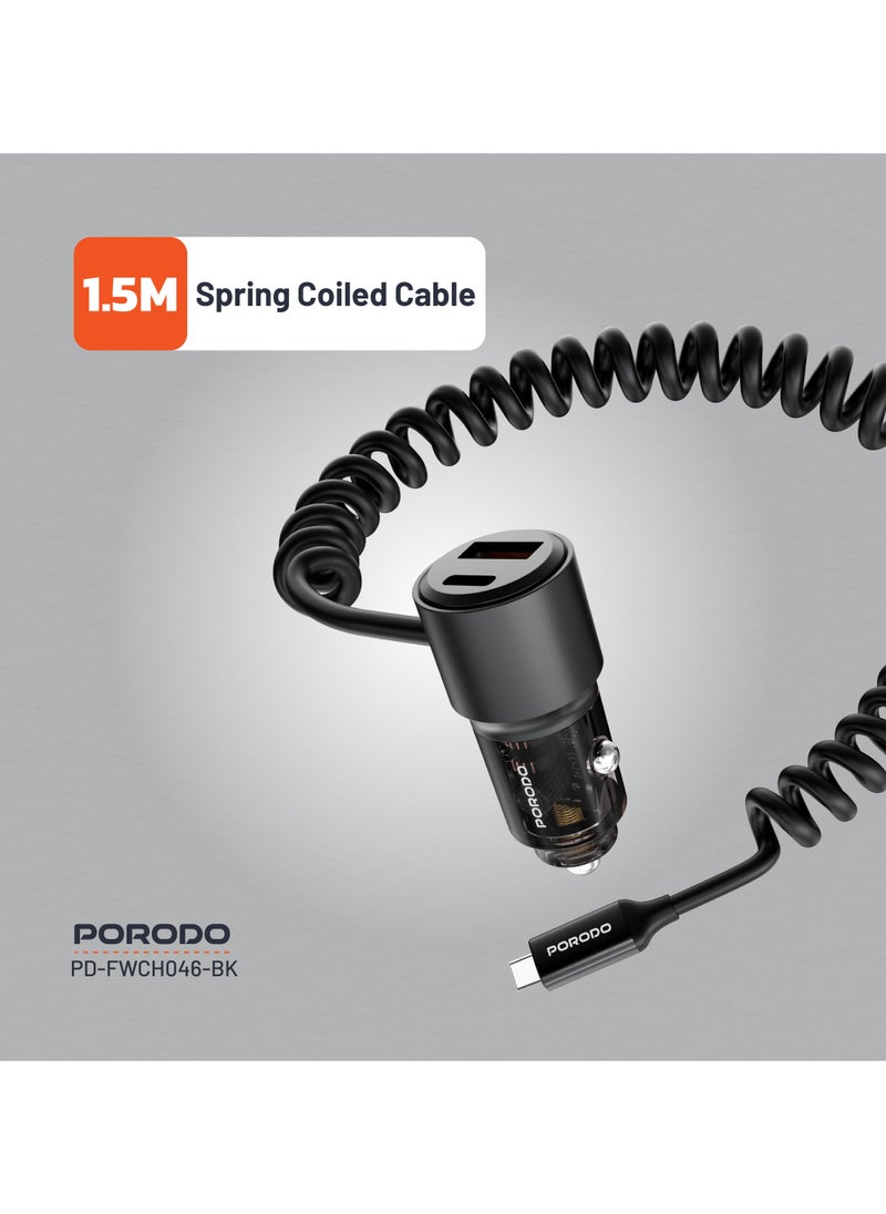 110W Car Charger Transparent with 1.5M Spring Coiled Type-C Cable / Universal Compatibility / USB-A and USB-C Ports / Simultaneous Charging - Black