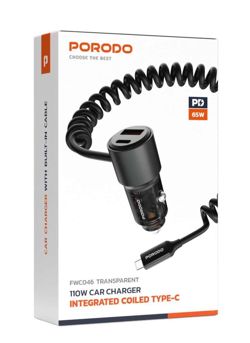 110W Car Charger Transparent with 1.5M Spring Coiled Type-C Cable / Universal Compatibility / USB-A and USB-C Ports / Simultaneous Charging - Black