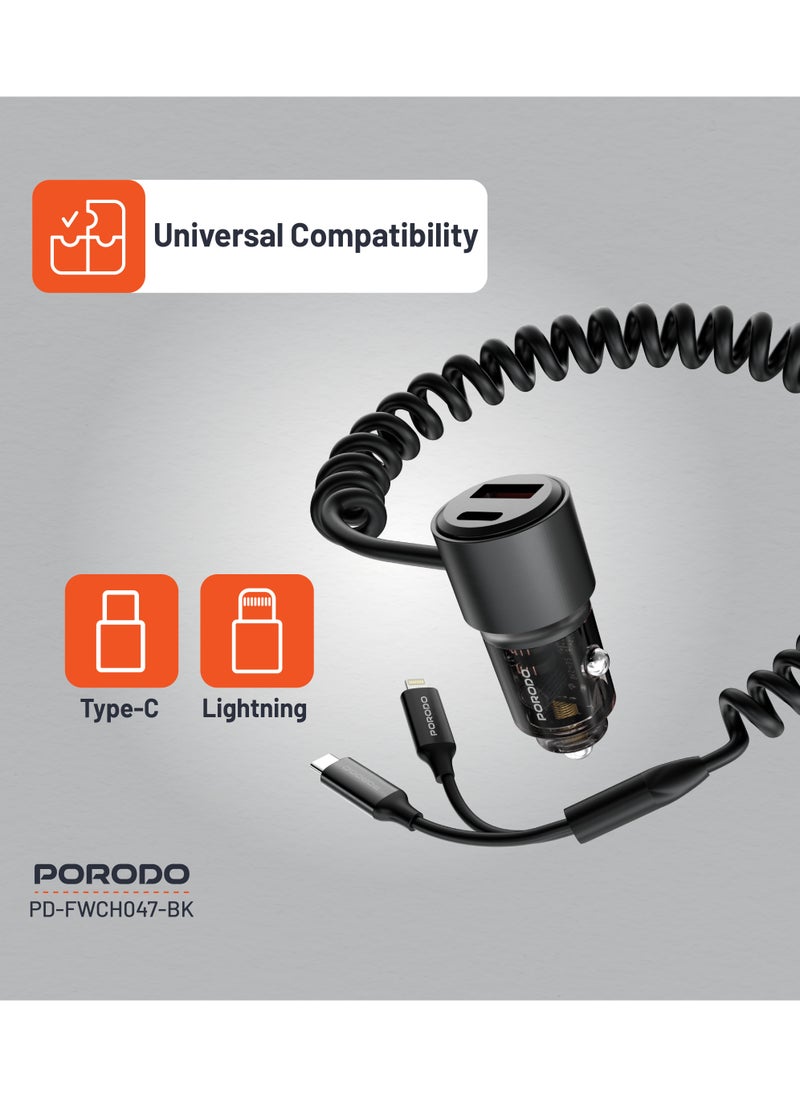 95W Car Charger Transparent with Integrated Coiled Type-C and Lightning 1.5M / Universal Compatibility / USB-A and USB-C Ports / Simultaneous Charging - Black