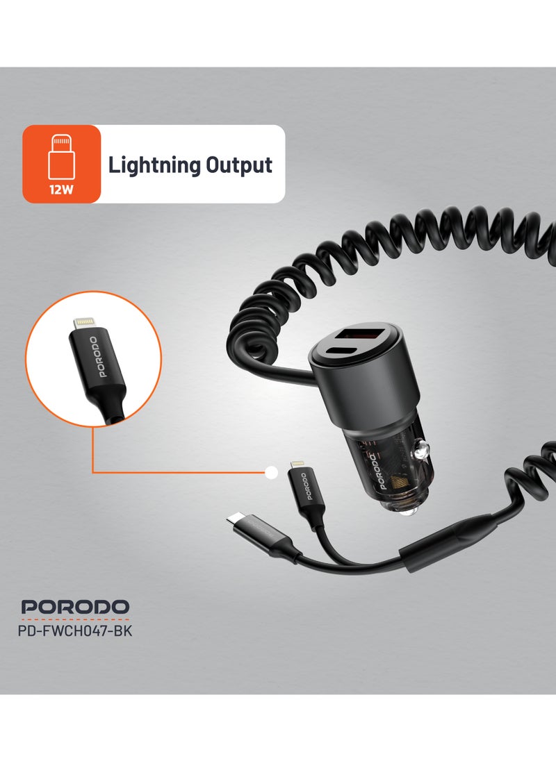 95W Car Charger Transparent with Integrated Coiled Type-C and Lightning 1.5M / Universal Compatibility / USB-A and USB-C Ports / Simultaneous Charging - Black