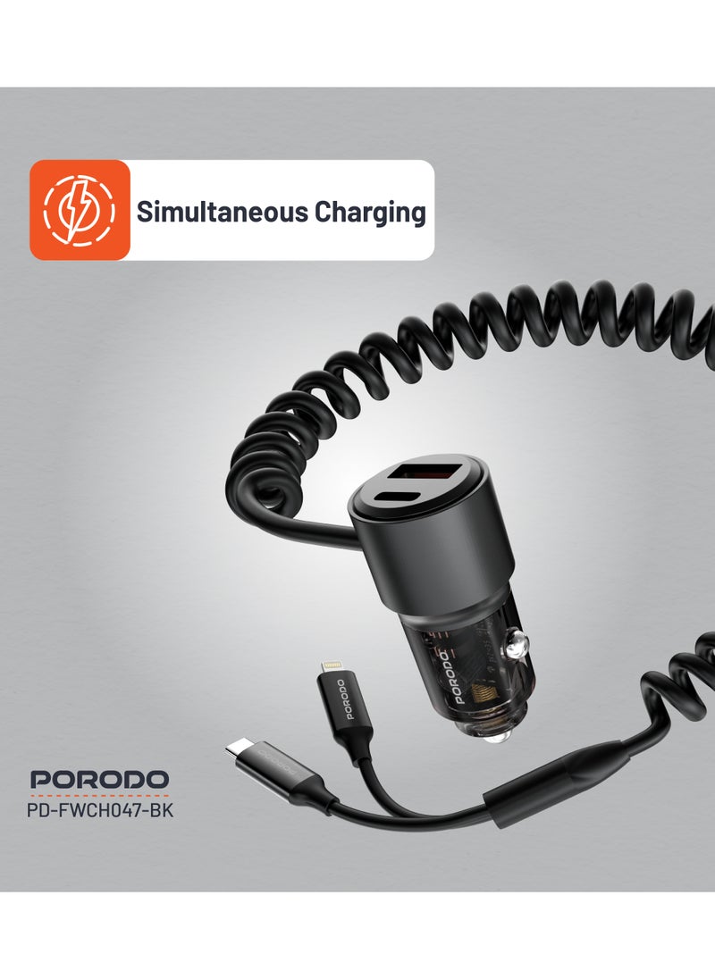 95W Car Charger Transparent with Integrated Coiled Type-C and Lightning 1.5M / Universal Compatibility / USB-A and USB-C Ports / Simultaneous Charging - Black