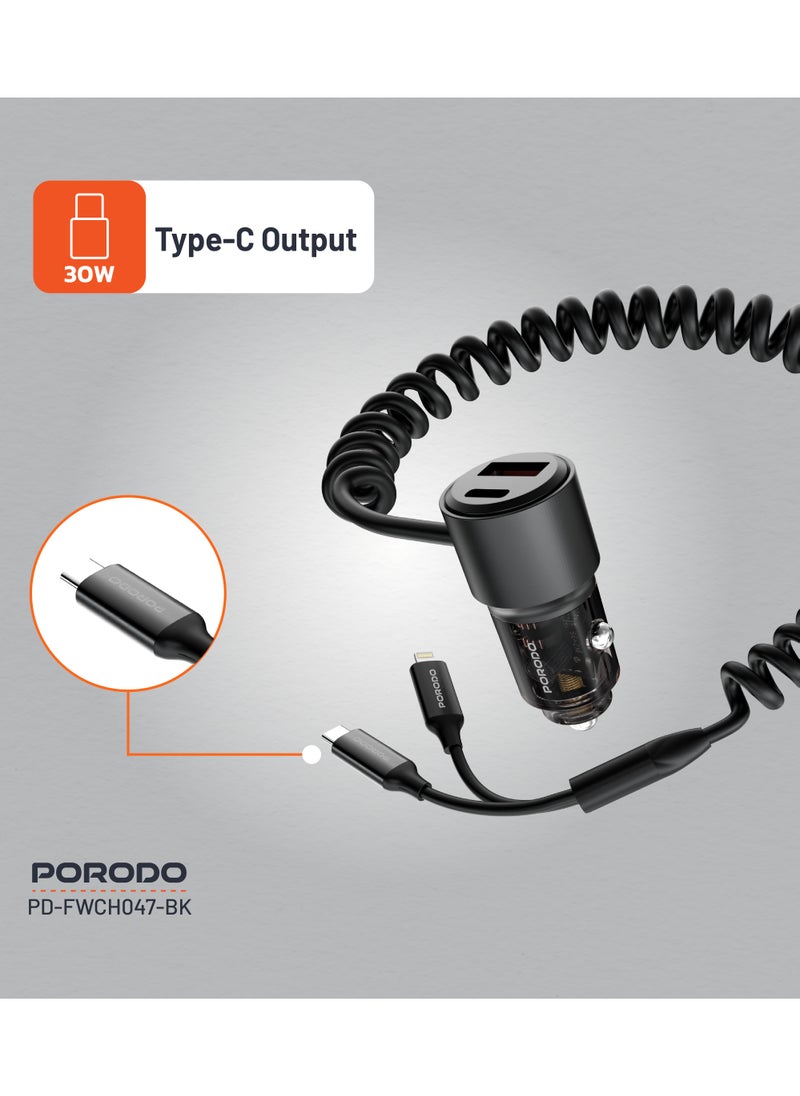 95W Car Charger Transparent with Integrated Coiled Type-C and Lightning 1.5M / Universal Compatibility / USB-A and USB-C Ports / Simultaneous Charging - Black