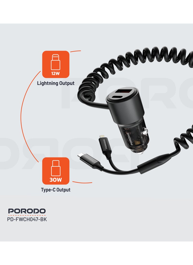 95W Car Charger Transparent with Integrated Coiled Type-C and Lightning 1.5M / Universal Compatibility / USB-A and USB-C Ports / Simultaneous Charging - Black