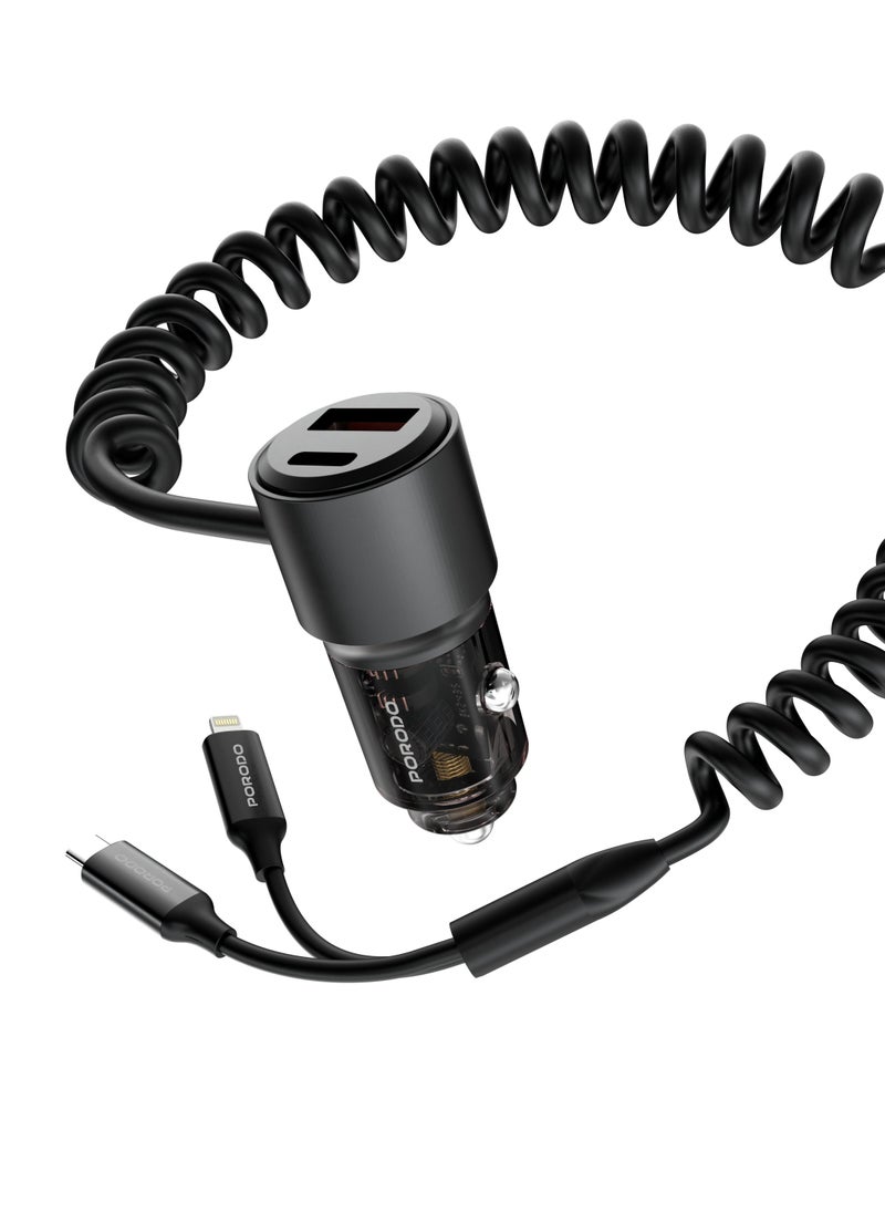 95W Car Charger Transparent with Integrated Coiled Type-C and Lightning 1.5M / Universal Compatibility / USB-A and USB-C Ports / Simultaneous Charging - Black