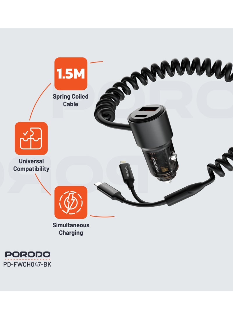 95W Car Charger Transparent with Integrated Coiled Type-C and Lightning 1.5M / Universal Compatibility / USB-A and USB-C Ports / Simultaneous Charging - Black