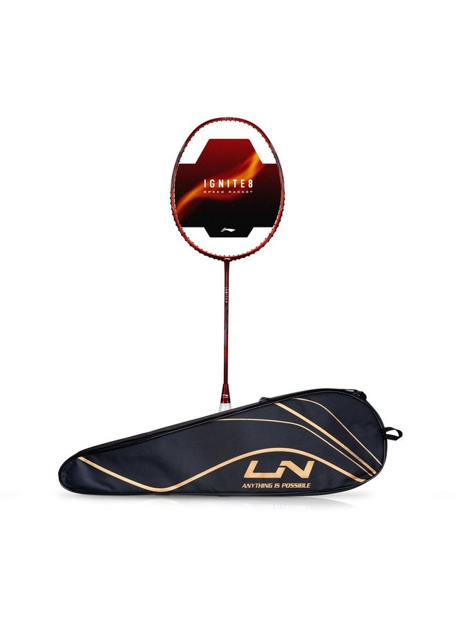 Li-Ning Ignite 8 Japanese Carbon Graphite Unstrung Badminton Racket with Full Cover (Dark Red/Rich Gold, 77 Grams)