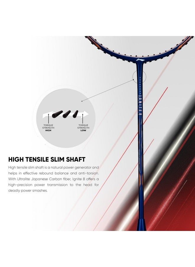 Li-Ning Ignite 8 Japanese Carbon Graphite Unstrung Badminton Racket with Full Cover (Dark Red/Rich Gold, 77 Grams)