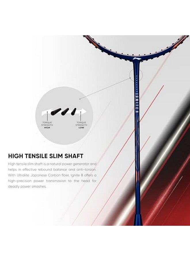 Li-Ning Ignite 8 Japanese Carbon Graphite Unstrung Badminton Racket with Full Cover (Dark Red/Rich Gold, 77 Grams)