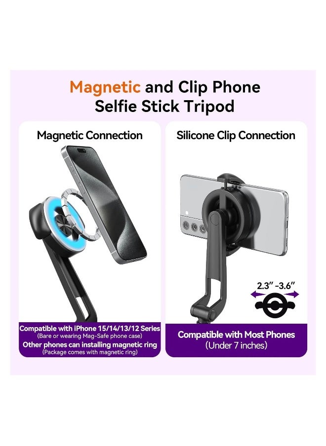 Phone Tripod 49'' Magnetic Selfie Stick for iPhone with Remote, Extendable Phone Tripod Stand for All Cell Phones, Detachable Wireless Remote, Portable Phone Tripod for Selfie/Photo/Live/Vlog