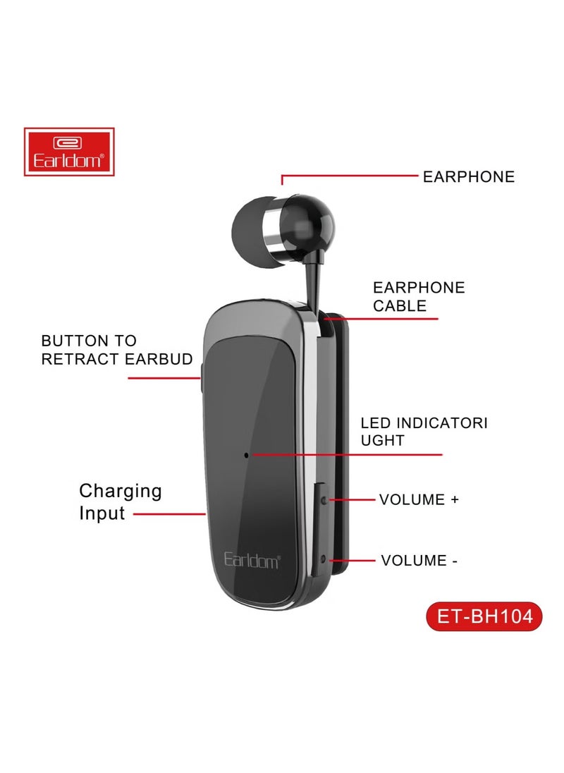 Multi-Function Clip-On In-Ear Wireless Headset, Bluetooth BH105, Black & White, Hands-Free Headphones, Built-in Microphone, Perfect for Calls, Music, and Sports, Comfortable & Lightweight Design