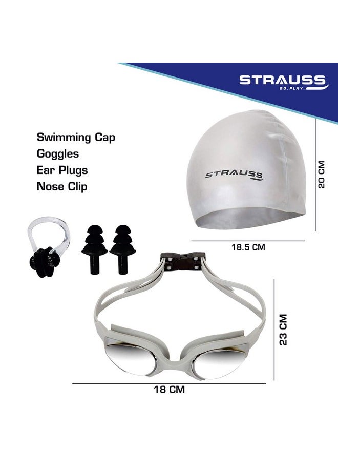 STRAUSS Swimming Set with UV and Anti Fog Protection Goggles, Swim Cap, Earplug and Nose Plug Set - Suitable Swimming Kit for All Age Group | Fully Adjustable | (Grey)