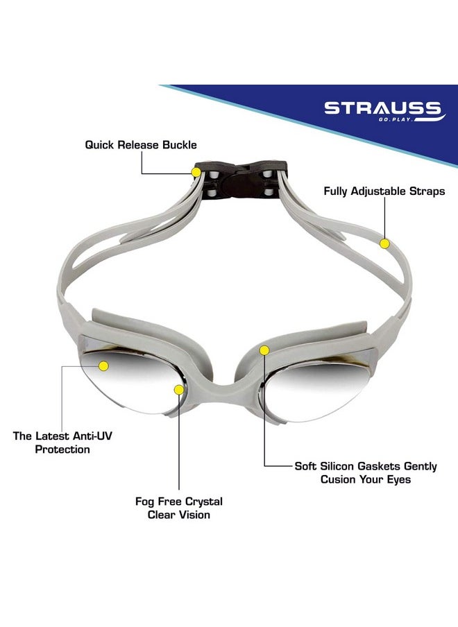 STRAUSS Swimming Set with UV and Anti Fog Protection Goggles, Swim Cap, Earplug and Nose Plug Set - Suitable Swimming Kit for All Age Group | Fully Adjustable | (Grey)