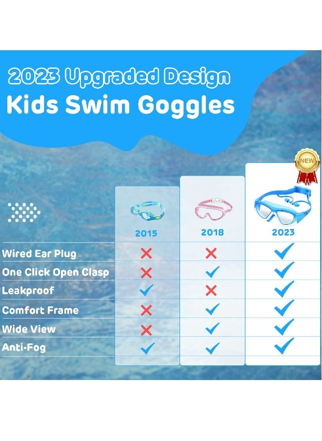 Kids Swim Goggles Upgraded Design Wide View Anit-Fog with Ea Plug No Leak Water Pool Goggle Anti-Fog Waterproof for 3-12 2PCS