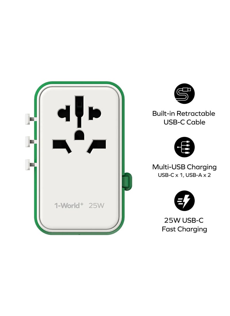 MOMAX Universal Power Adapter 25W  Built-in USB-C Cable Travel Plug US UK EU AU Charger for Laptops Tablets