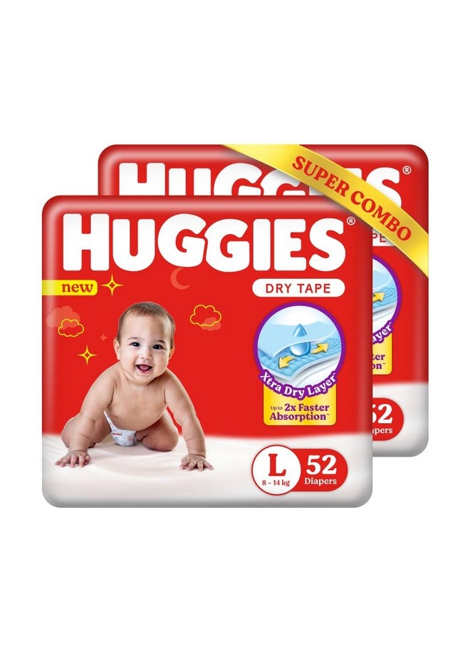 Huggies Dry Tape | Adjustable Tape Style Unisex Diapers L Size, 104 Count | Up To 2X Faster Absorption, Up To 12 Hours Overnight Absorption, Ideal For 8 To 14 Kgs