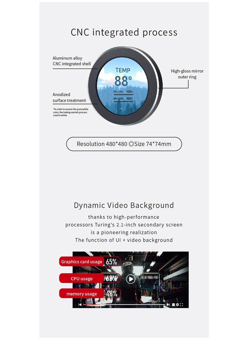 USB 2.1 Inch Watercool Screen 480x480 IPS Secondary Screen 2.1'' Round LCD for Desk PC CPU GPU RAM HDD Monitoring Freely AIDA64