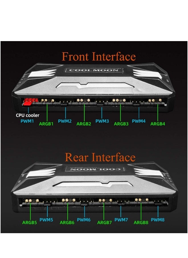 PWM Fan Temperature Controller Integrator Remote Control Computer RGB Light Adapter 8x4Pin Fan Speed Controller Ports 10 5V ARGB Ports with Magnet