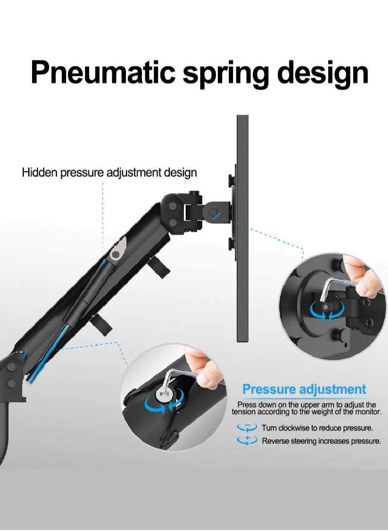 Full Motion Single Monitor Arm Stand, Gas Spring Monitor Arm for 17-32 inch Flat/Curved/Ultrawide Monitor with C-clamp and Grommet