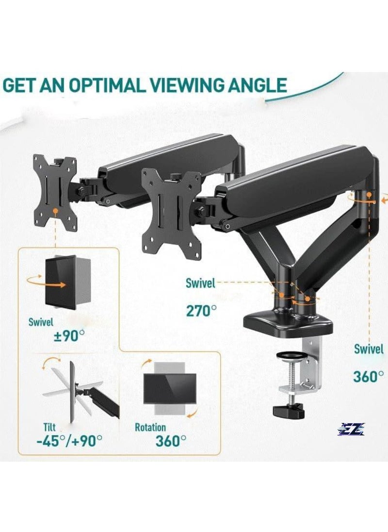 Dual Monitor Arm – Adjustable Gas Spring Ergonomic PC Monitor Stand for 13-32 Inch Monitors, VESA Compatible (75x75/100x100), with C-Clamp & Grommet Base, Flexible and Space-Saving Design