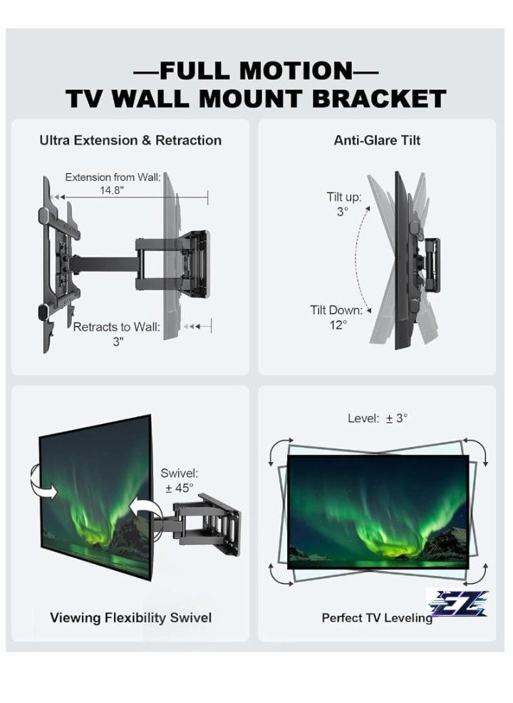 Full Motion TV Wall Mount, Articulating Swivel Extension Arm, Fits 37-75