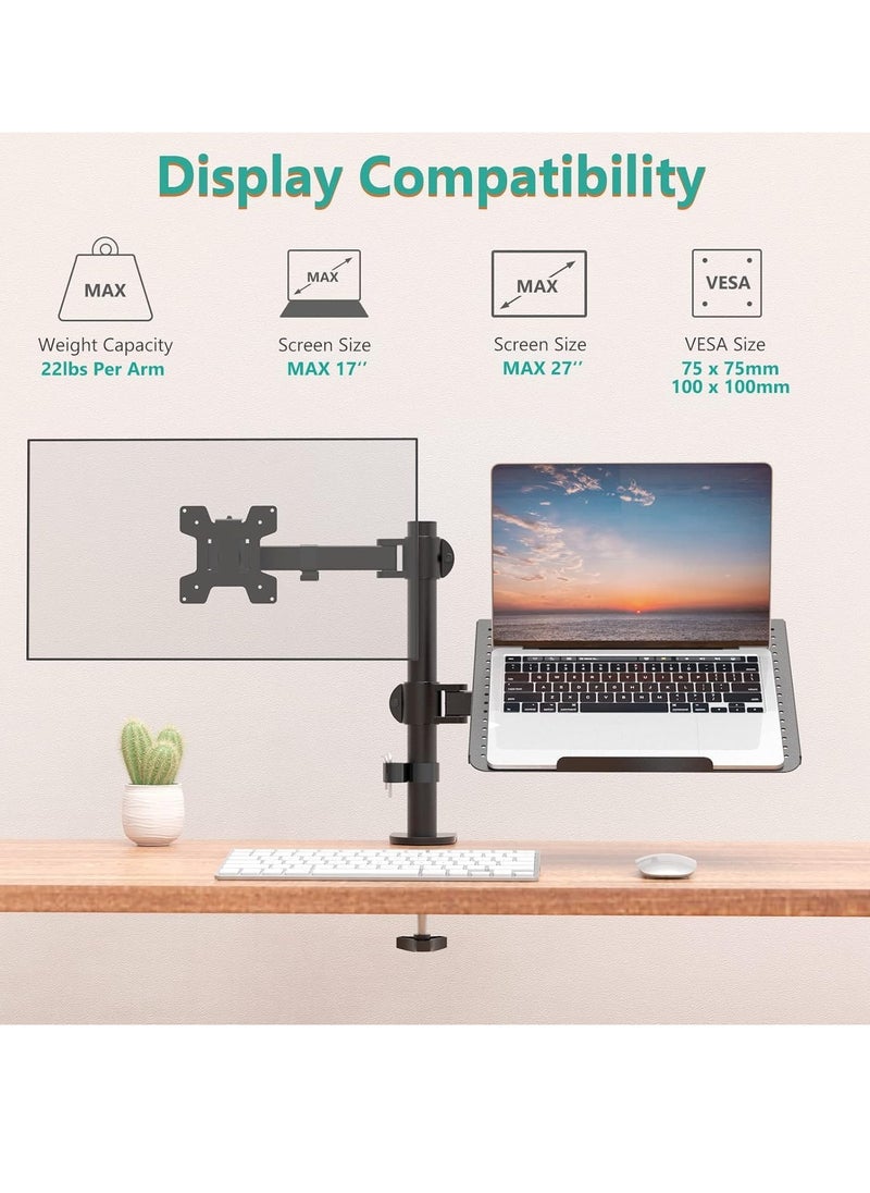 Laptop and Monitor Stand – Fully Adjustable Mount with Laptop Tray for 1 Notebook (up to 17 Inches) and 1 Screen (up to 27 Inches), 22 lbs Capacity (M001LP), Black – Ergonomic, Space-Saving Desk Stand for Enhanced Productivity