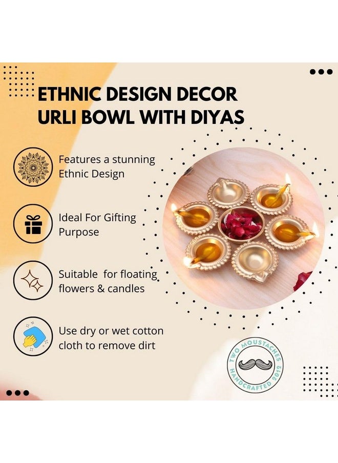 Two Moustaches 7 Inches Ethnic Design Decor Urli Bowl with 6 Diyas , Urli for Home Decor , Diwali Decoration Bowl , Potpourri Bowl for Decor , Gifts for Housewarming , Golden, Pack of 1