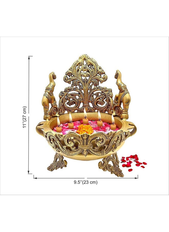 Two Moustaches Elephant Design Decorative Brass Urli Bowl Showpiece, Urli Bowl for Home Decor, Brass Decorative Items, Indian Gifts, Urli Bowl for Flowers, Standard, Pack of 1