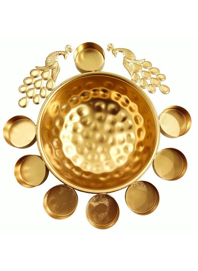 Purpledip Metal Peacock Urli (Uruli, Varpu): Decorarive Water Bowl for Flowers, Petals or Candles (12737)