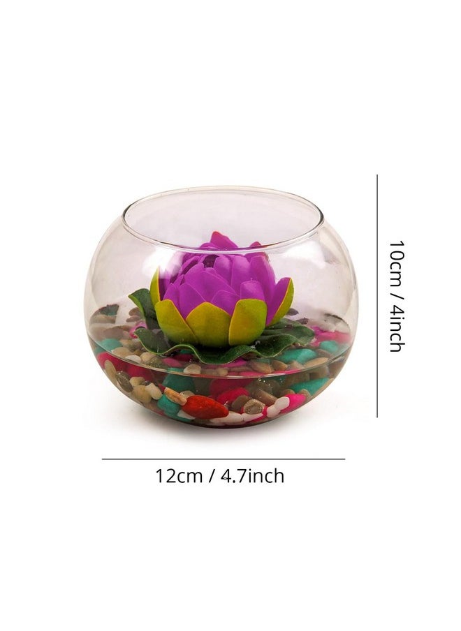 TIED RIBBONS Glass Vase for Decoration Round Glass Vessel with Faux Lotus and Natural Stones Artificial Decorative Flowers with Vase for Home Decor Living Room Bedroom Hall Office