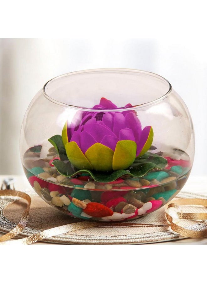 TIED RIBBONS Glass Vase for Decoration Round Glass Vessel with Faux Lotus and Natural Stones Artificial Decorative Flowers with Vase for Home Decor Living Room Bedroom Hall Office