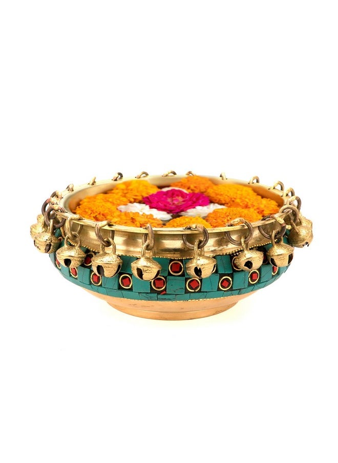 Two Moustaches Gemstone Work 6 Inch Brass Urli Ethnic Traditional Bowl With Bells, Gemstone Work, Material - Brass, Pack Of 1 - 500 Ml