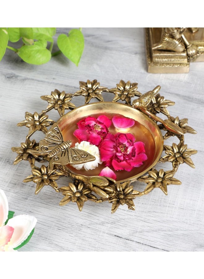 Two Moustaches Traditional Flowers Bird and Butterfly Style Brass Urli Bowl, Brass Urli Bowl for Home Decor, Brass Urli Pot, Urli Decoration Bowl, Standard, Pack of 1