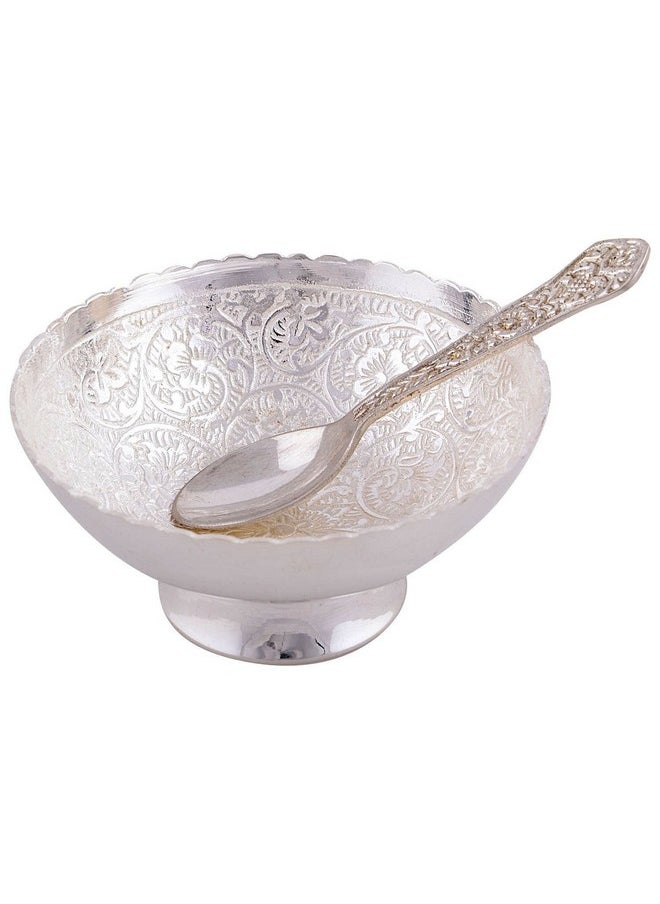 Rastogi Handicrafts Aluminium Silver Plated Serving Dessert Bowls Round Shaped Small Bowl Set with Spoon Decorative Bowls (Capsule Silver Set, Item Size 3.5