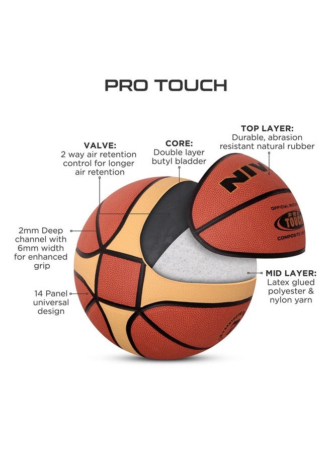 Nivia Pro Touch Basketball | 14 Panel | Laminated Composite Leather Material | Suitable for Indoor Surfaces | International Match Basketball | for Men/Women | Size - 6 (Multicolour)