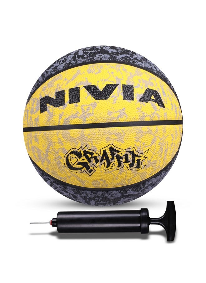 Nivia Combo Graffiti Rubber Moulded Basketball - 7 Black/Yellow with Ball Pump 6inch