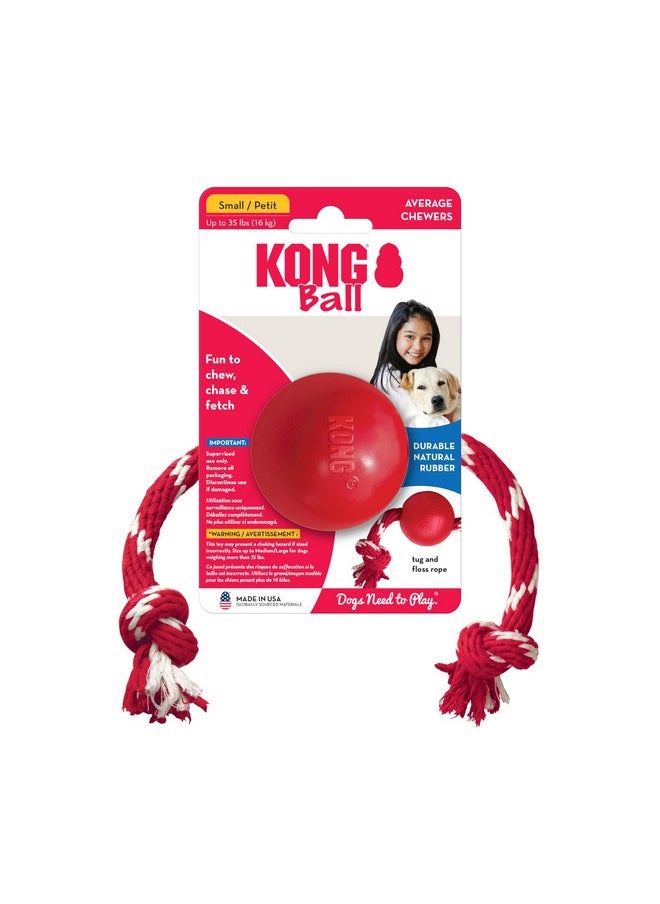 KONG Ball with Rope - Dog Fetch Toy with Rope for Easy Throwing - Durable Dog Ball Toy for Tug, Playtime & More - Natural Rubber Ball Rope Toy for Dogs - Red, For Small Dogs