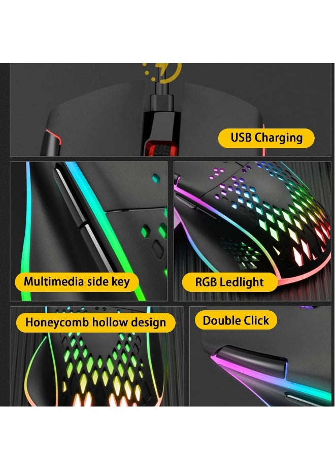 Wireless Gaming Mouse, Wireless Mouse Rechargeable Honeycomb Wireless Gaming Mouse with RGB Light USB Receiver USB Cable Adjustable DPI, Black
