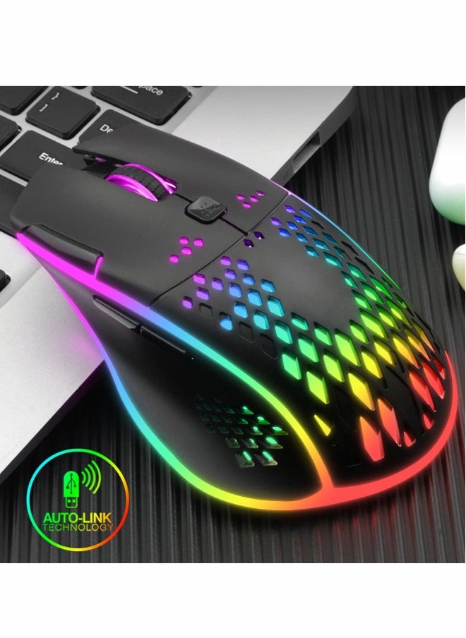 Wireless Gaming Mouse, Wireless Mouse Rechargeable Honeycomb Wireless Gaming Mouse with RGB Light USB Receiver USB Cable Adjustable DPI, Black