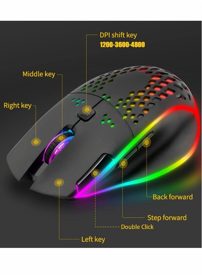 Wireless Gaming Mouse, Wireless Mouse Rechargeable Honeycomb Wireless Gaming Mouse with RGB Light USB Receiver USB Cable Adjustable DPI, Black
