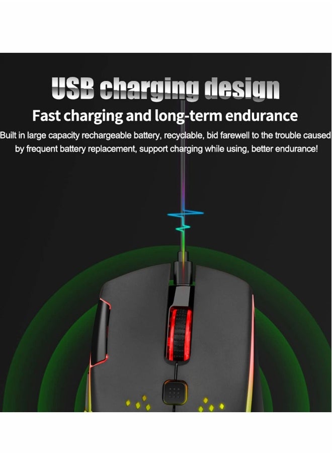 Wireless Gaming Mouse, Wireless Mouse Rechargeable Honeycomb Wireless Gaming Mouse with RGB Light USB Receiver USB Cable Adjustable DPI, Black