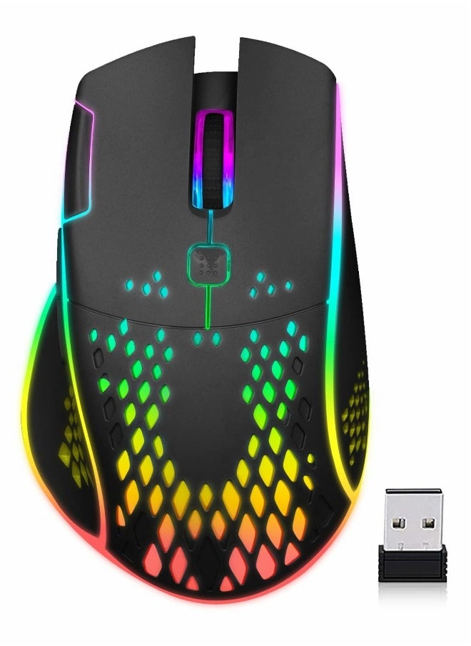 Wireless Gaming Mouse, Wireless Mouse Rechargeable Honeycomb Wireless Gaming Mouse with RGB Light USB Receiver USB Cable Adjustable DPI, Black